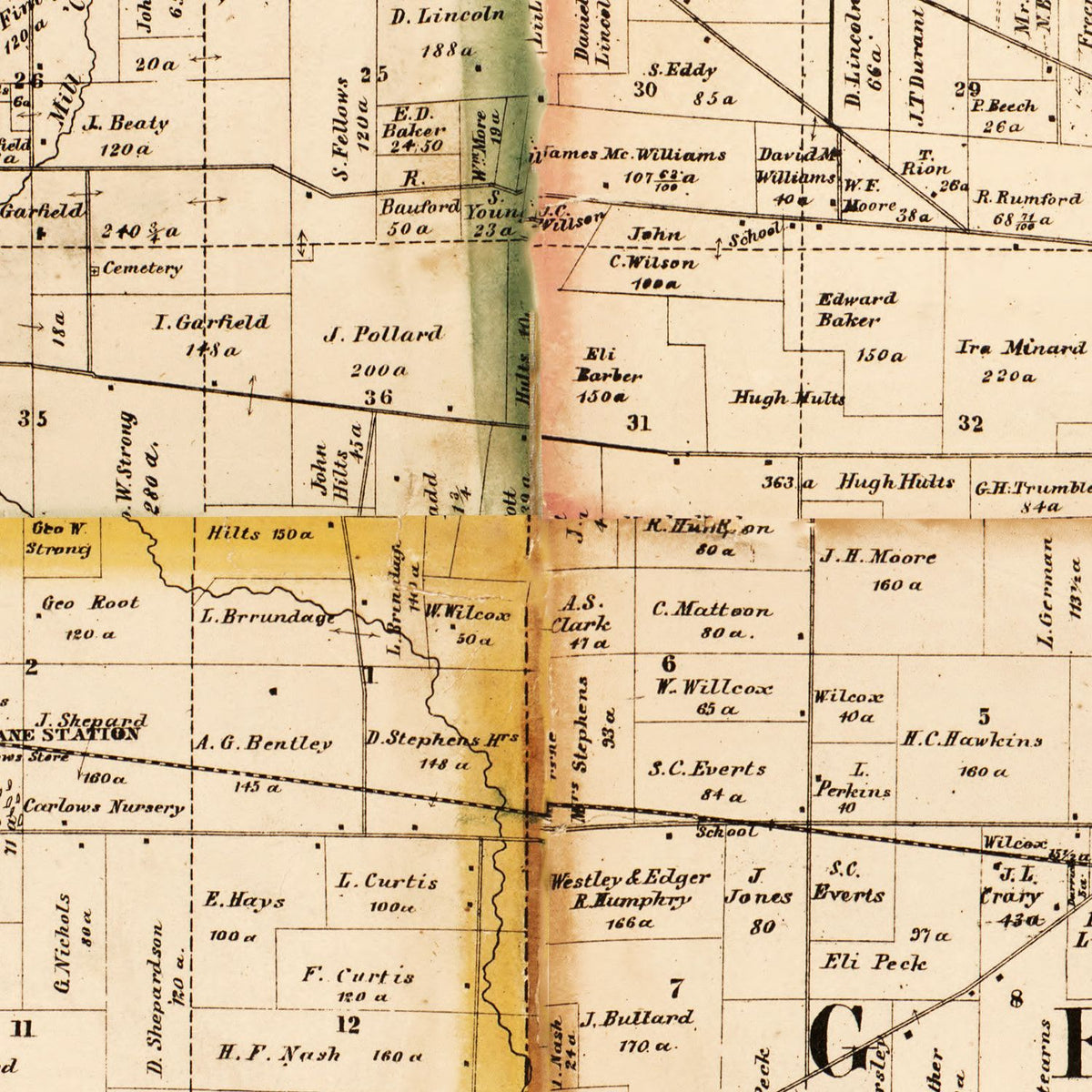 Restored historic details from the 1860 county map of Kane County, Illinois