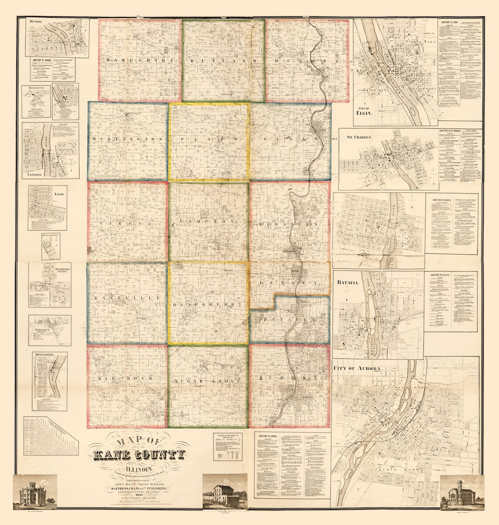 Vintage Map of Kane County, Illinois 1860 print style example