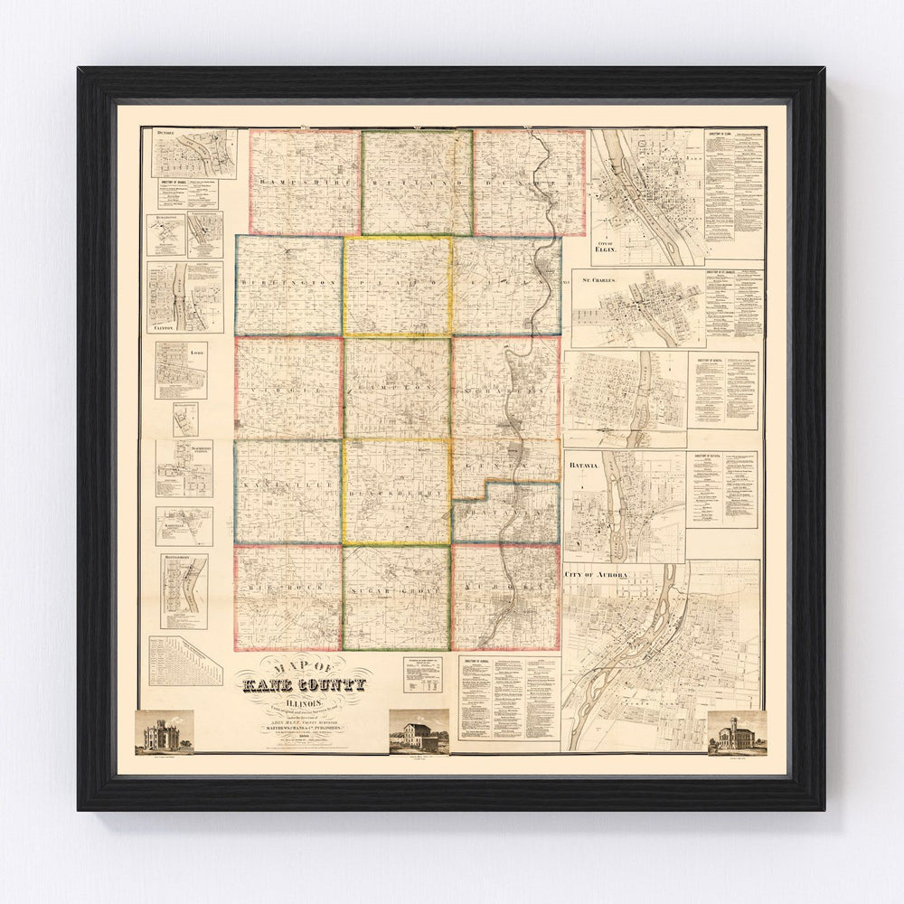 Kane County Vintage Map 1860