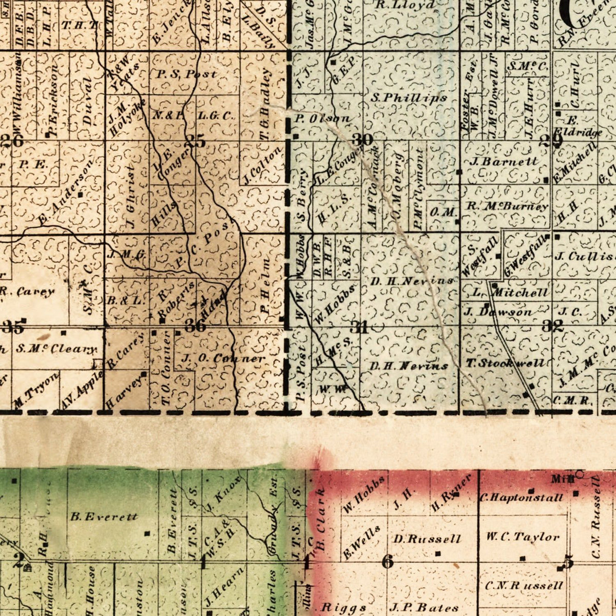 Restored historic details from the 1861 county map of Knox County, Illinois