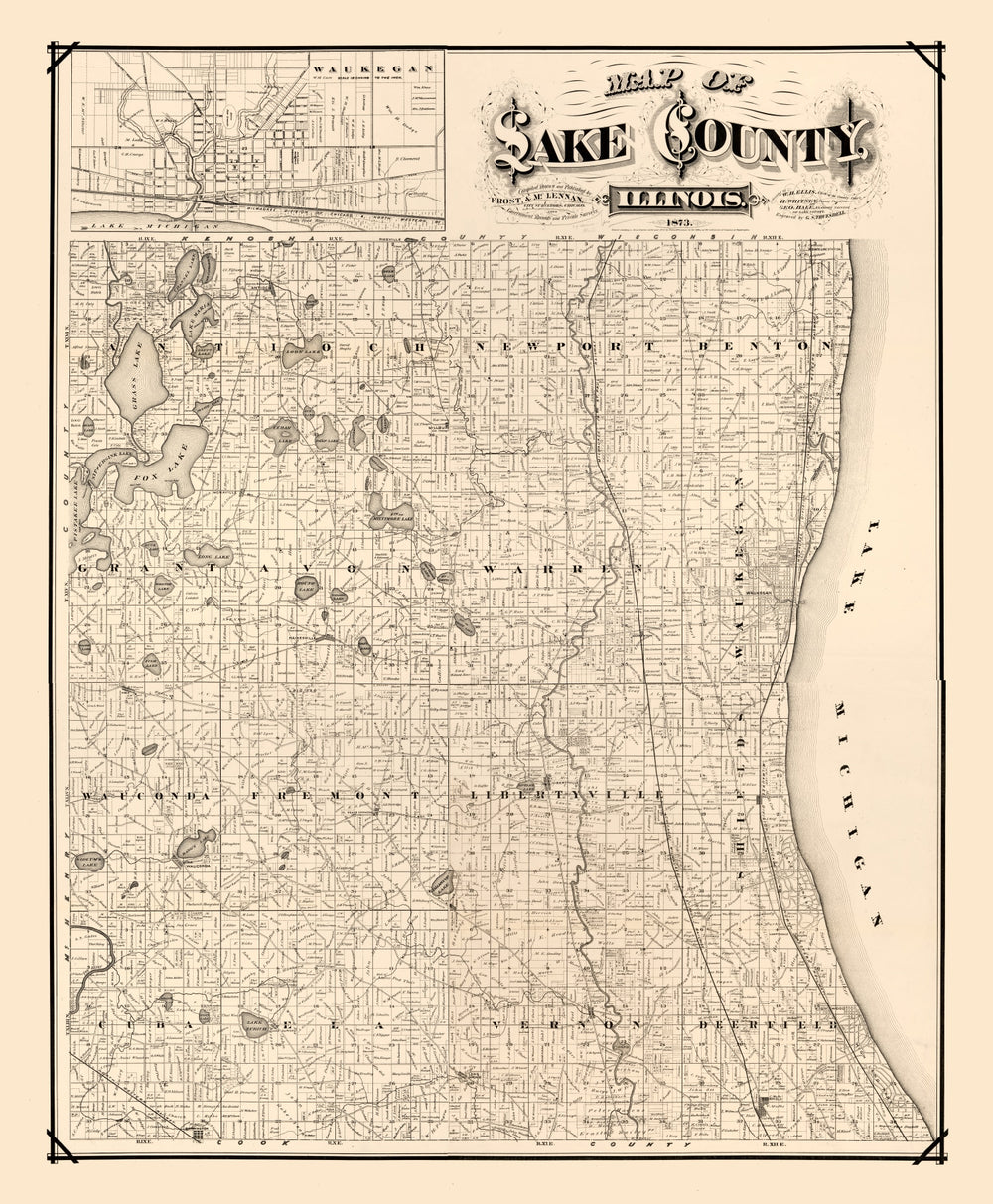 Vintage Map of Lake County, Illinois 1873 print style example
