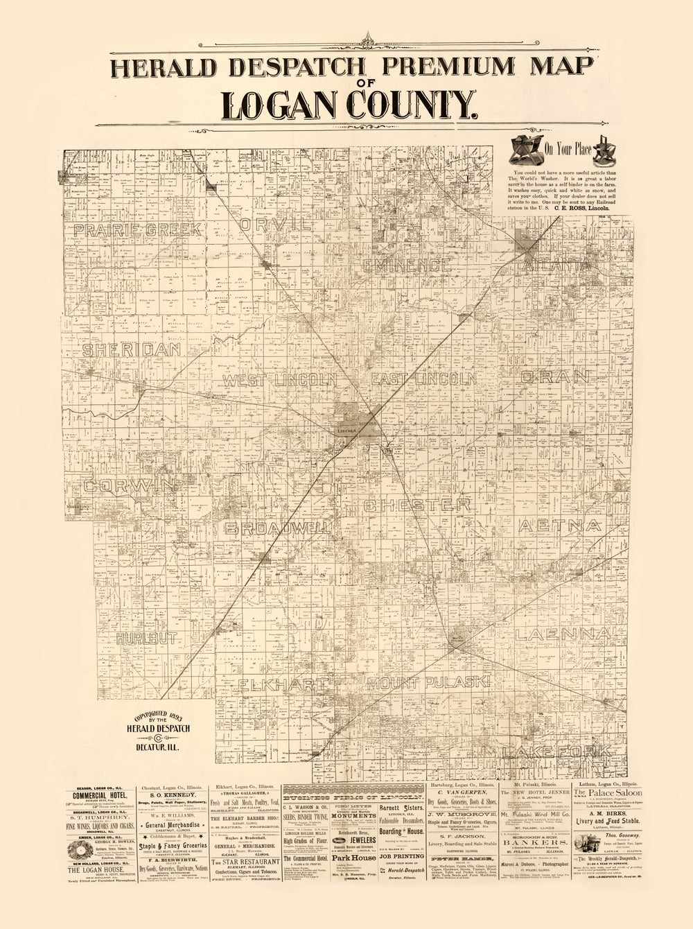 Vintage Map of Logan County, Illinois 1893 print style example