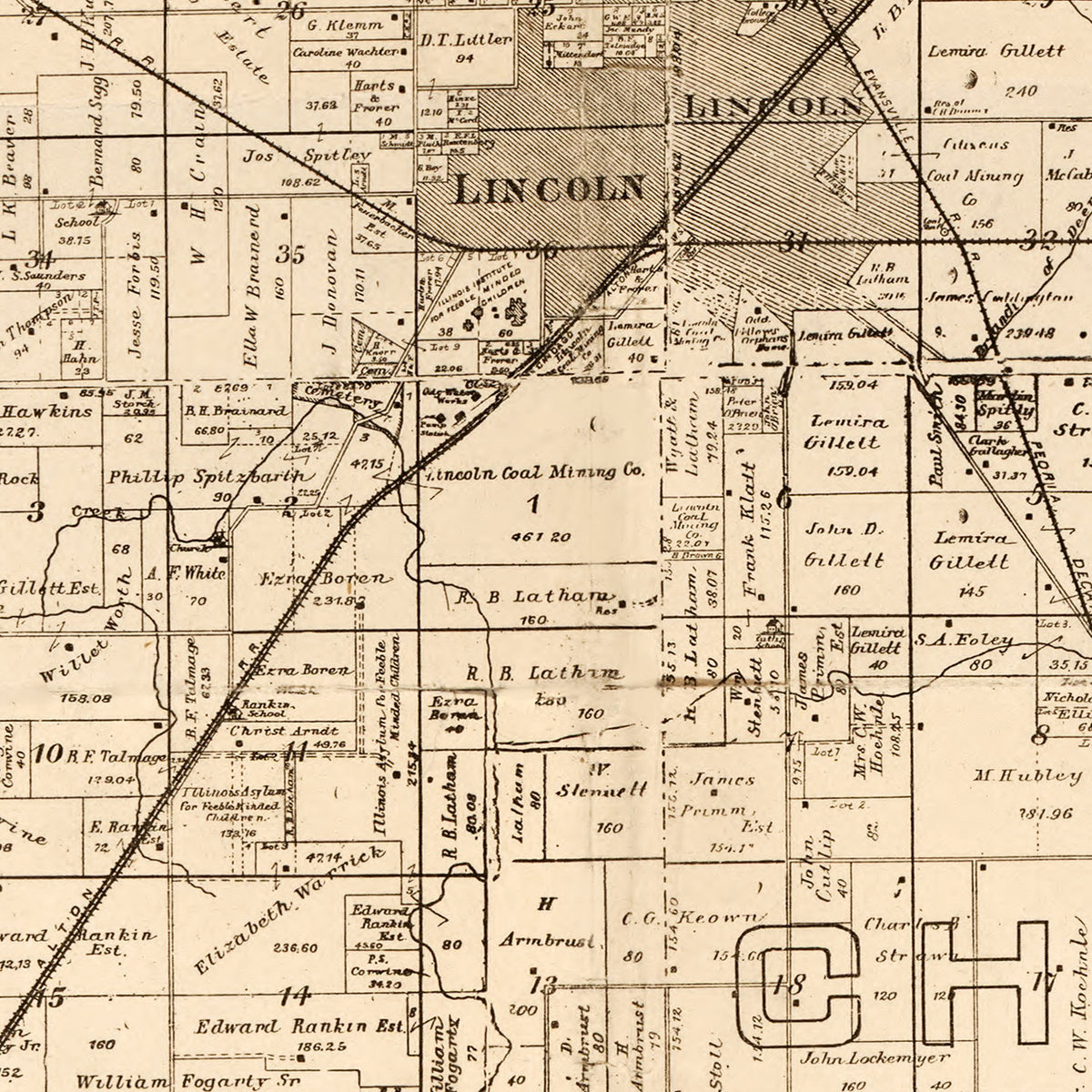 Restored historic details from the 1893 county map of Logan County, Illinois