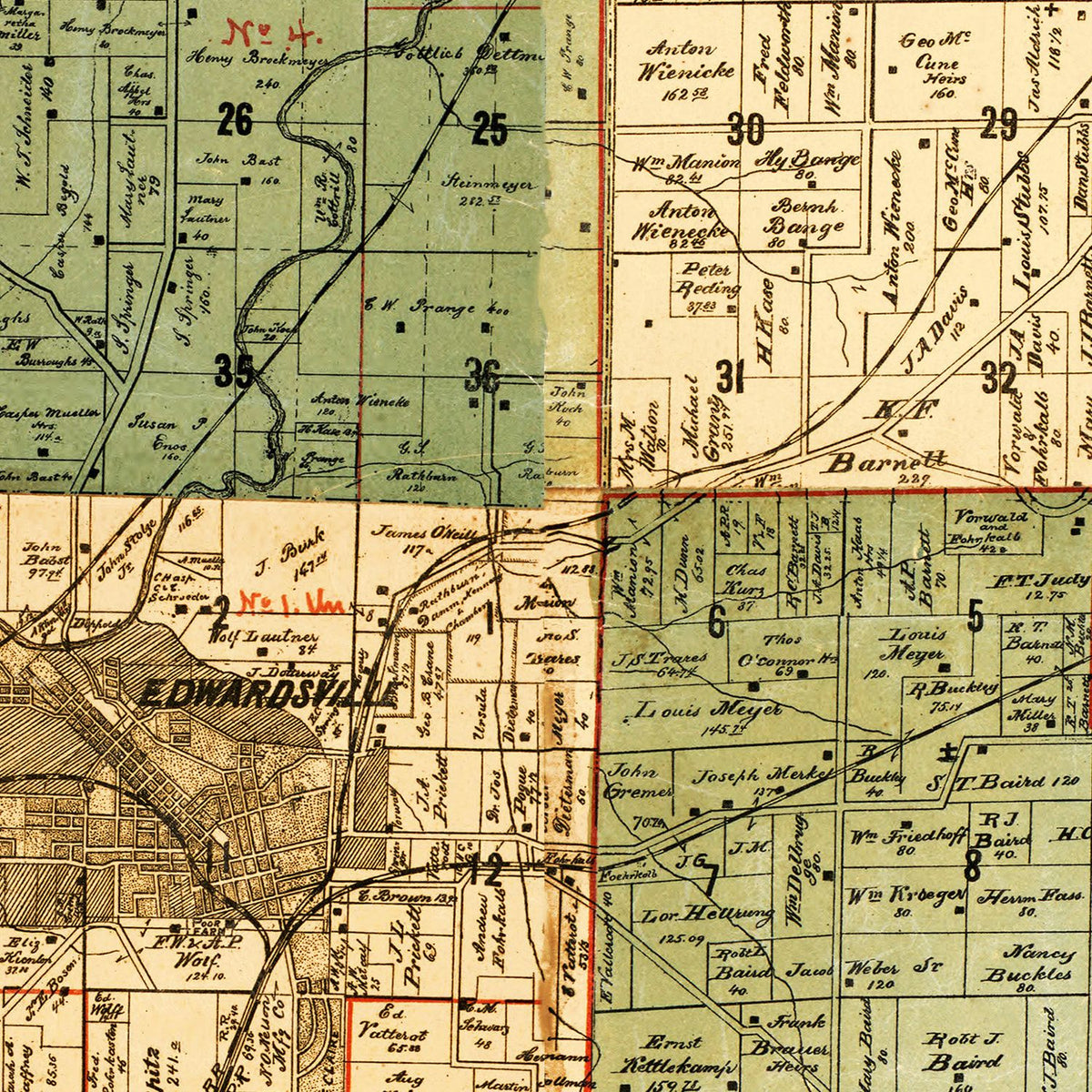Restored historic details from the 1892 county map of Madison County, Illinois