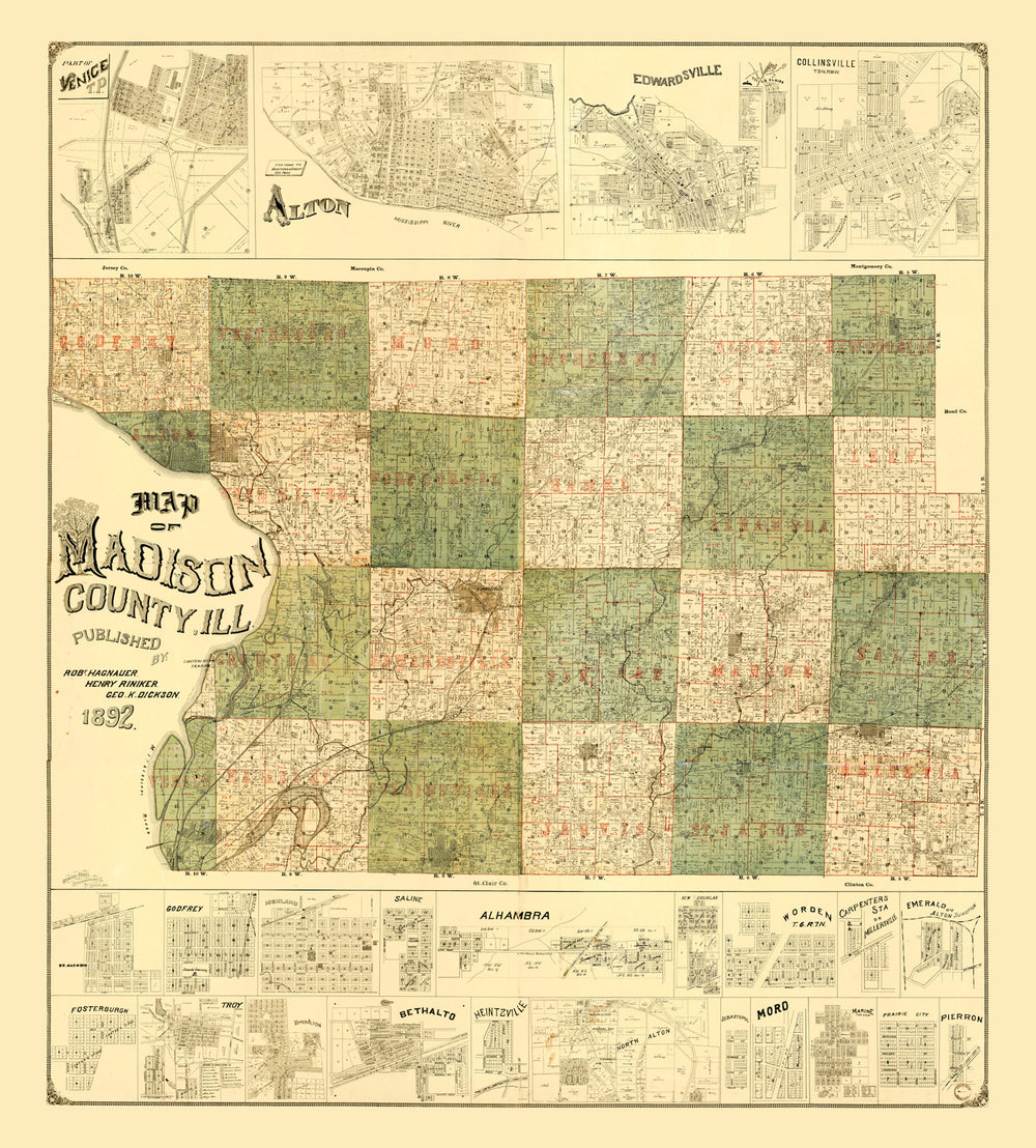 Vintage Map of Madison County, Illinois 1892 print style example