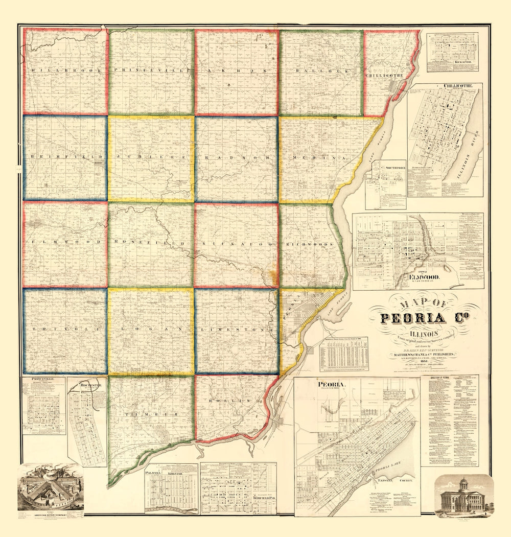 Vintage Map of Peoria County, Illinois 1861 print style example