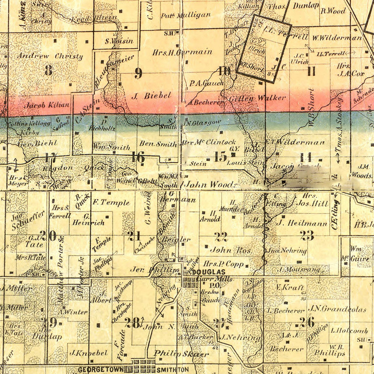 Restored historic details from the 1863 county map of Saint Clair County, Illinois