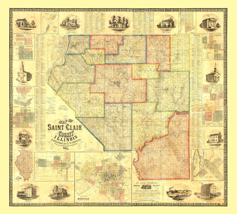 Vintage Map of Saint Clair County, Illinois 1863 print style example