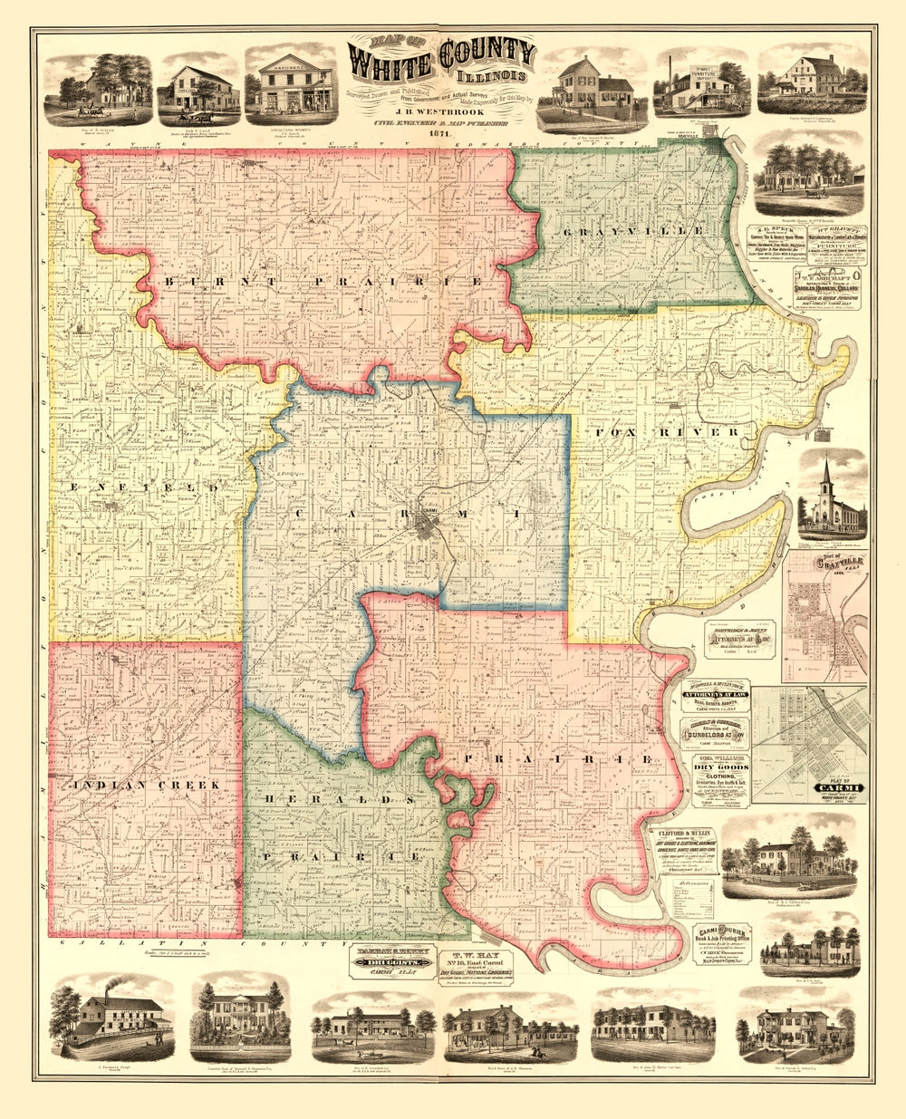Vintage Map of White County, Illinois 1871 print style example