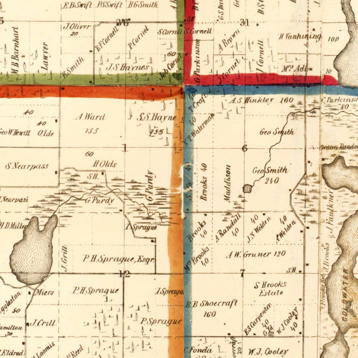 Restored historic details from the 1858 county map of Branch County, Michigan