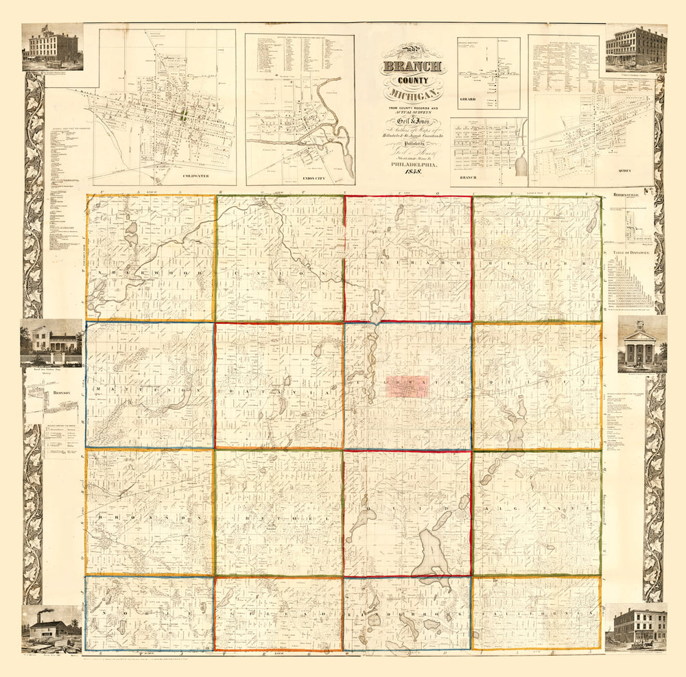 Vintage Map of Branch County, Michigan 1858 print style example