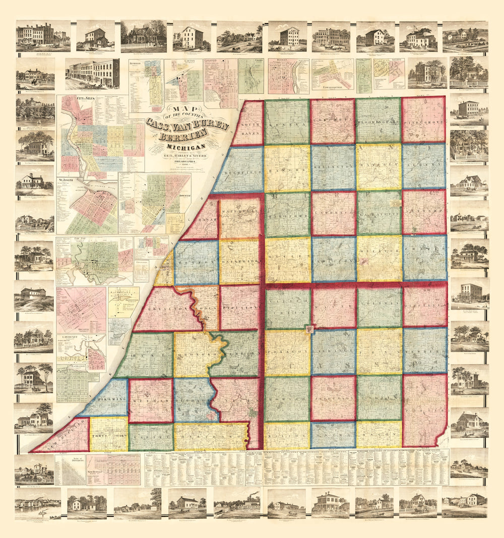 Vintage Map of Cass County, Michigan 1860 print style example