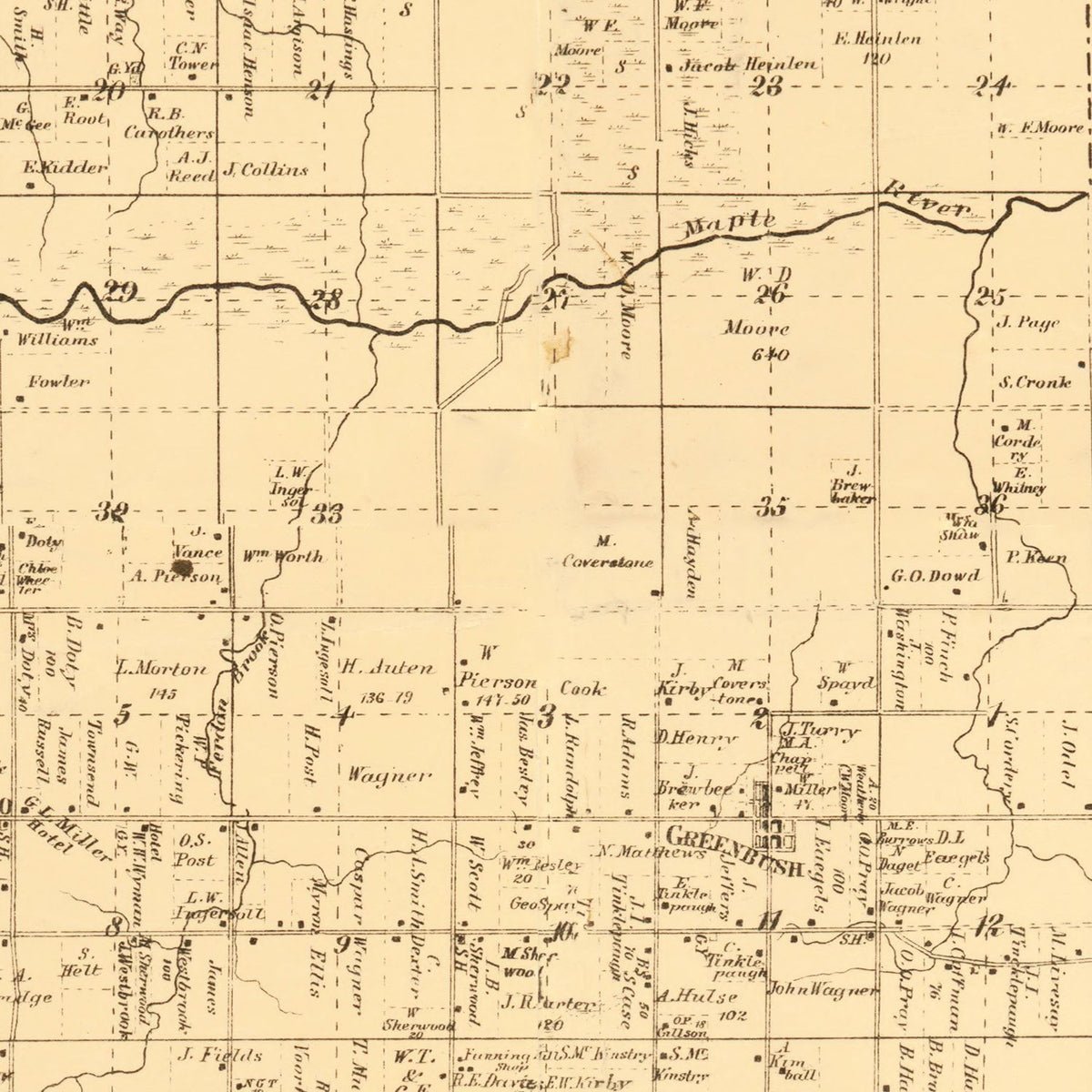 Restored historic details from the 1864 county map of Clinton County, Michigan