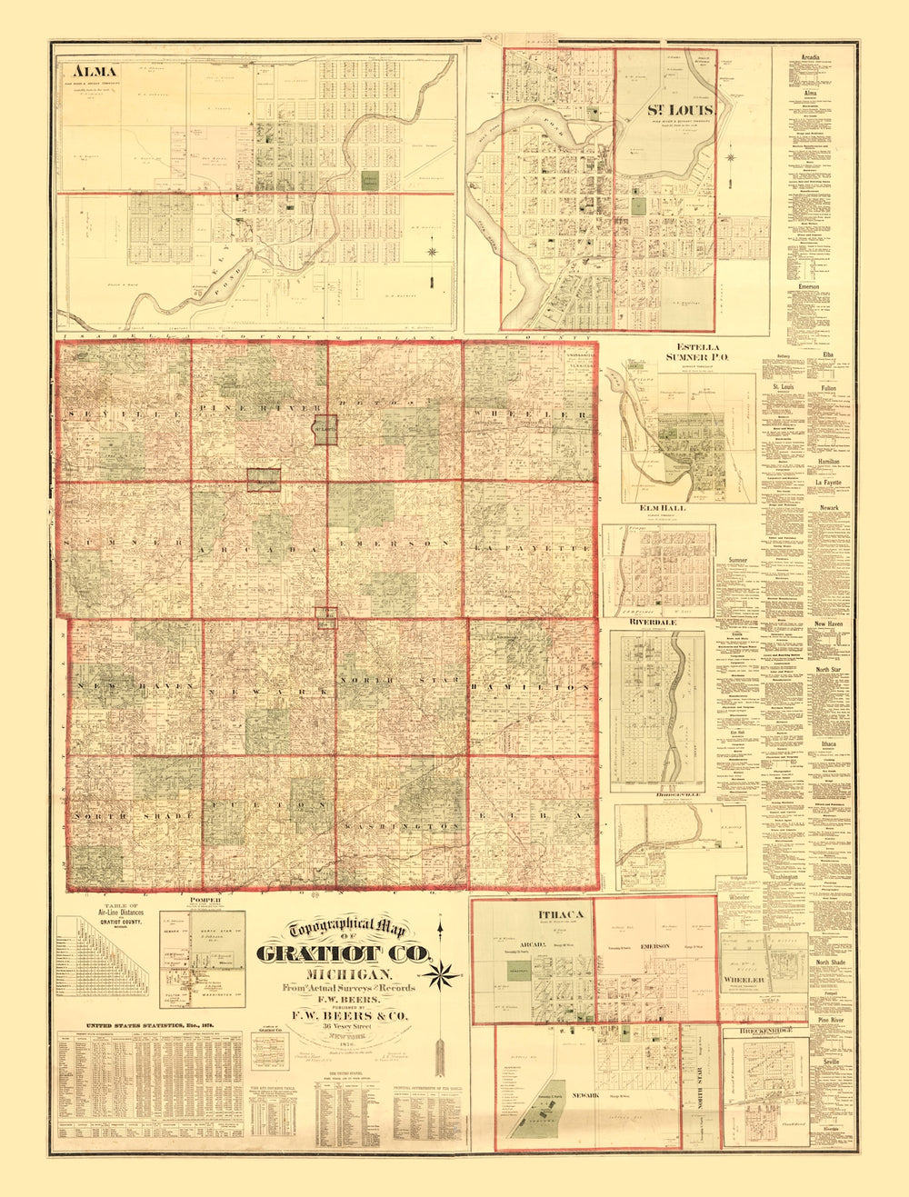 Vintage Map of Gratiot County, Michigan 1876 print style example