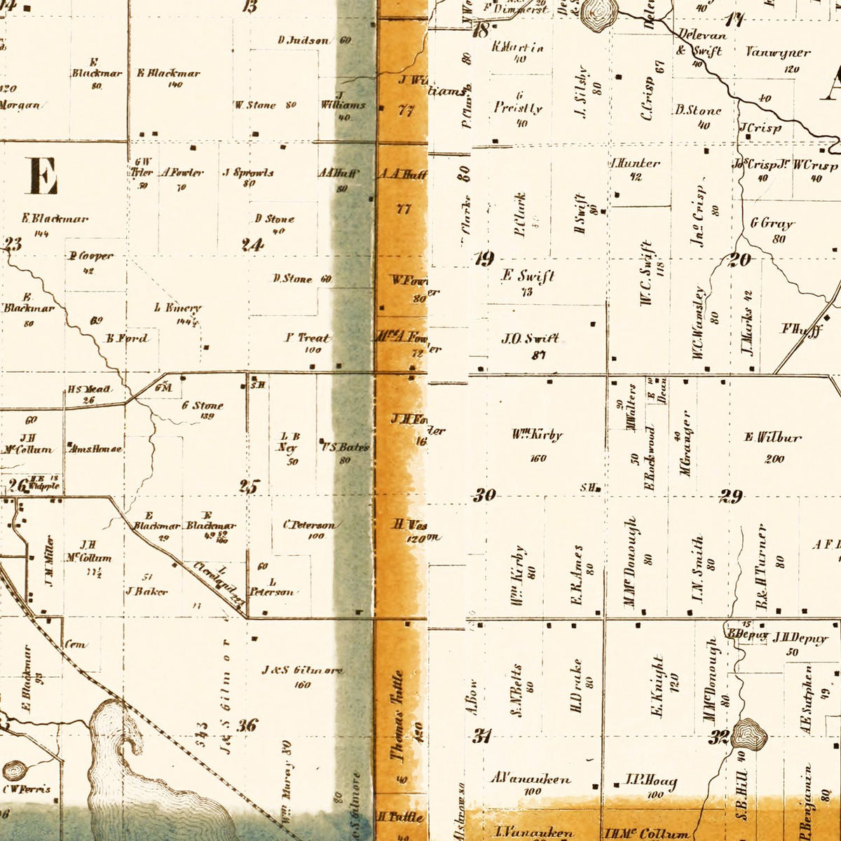 Restored historic details from the 1857 county map of Hillsdale County, Michigan
