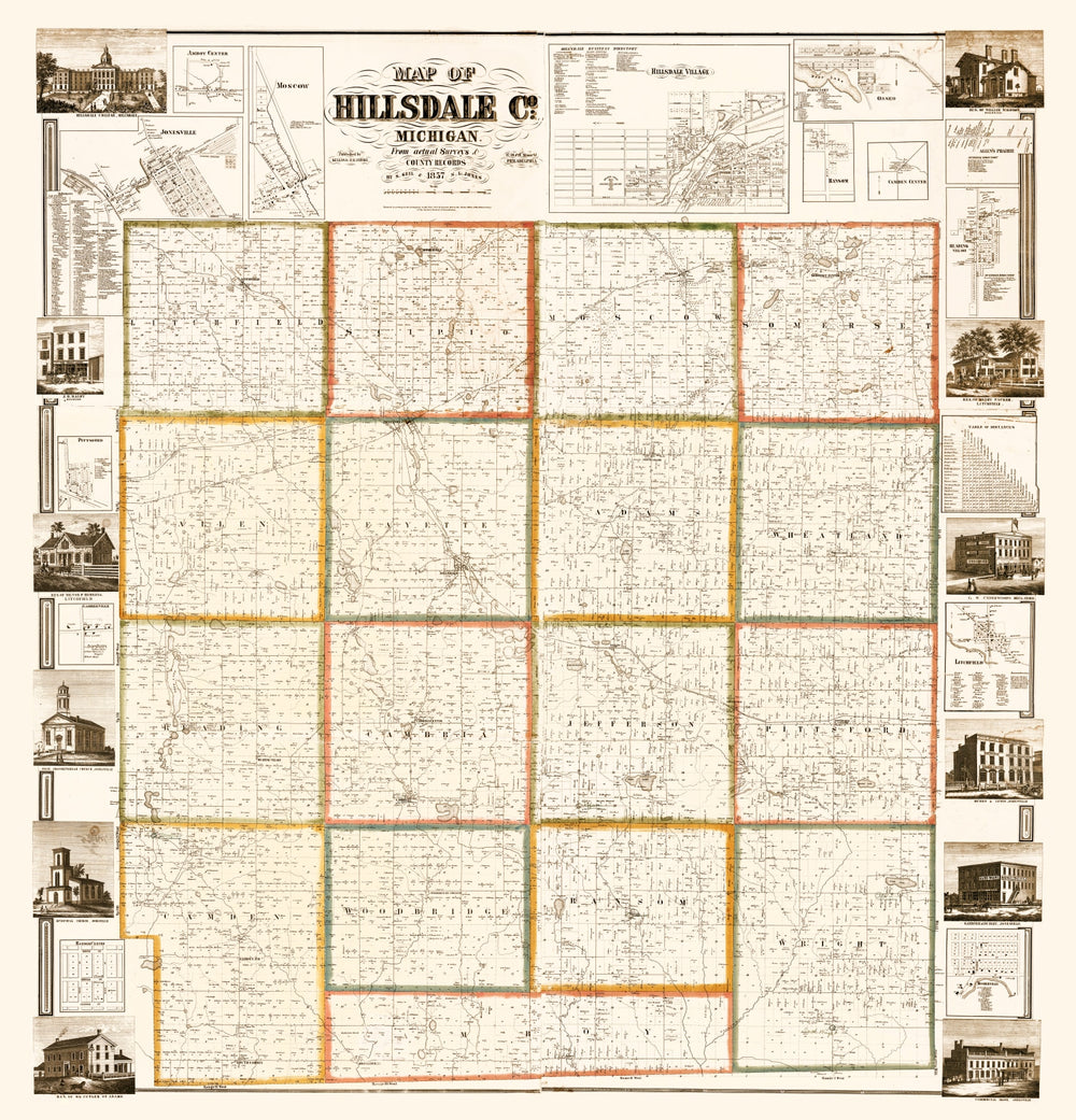 Vintage Map of Hillsdale County, Michigan 1857 print style example
