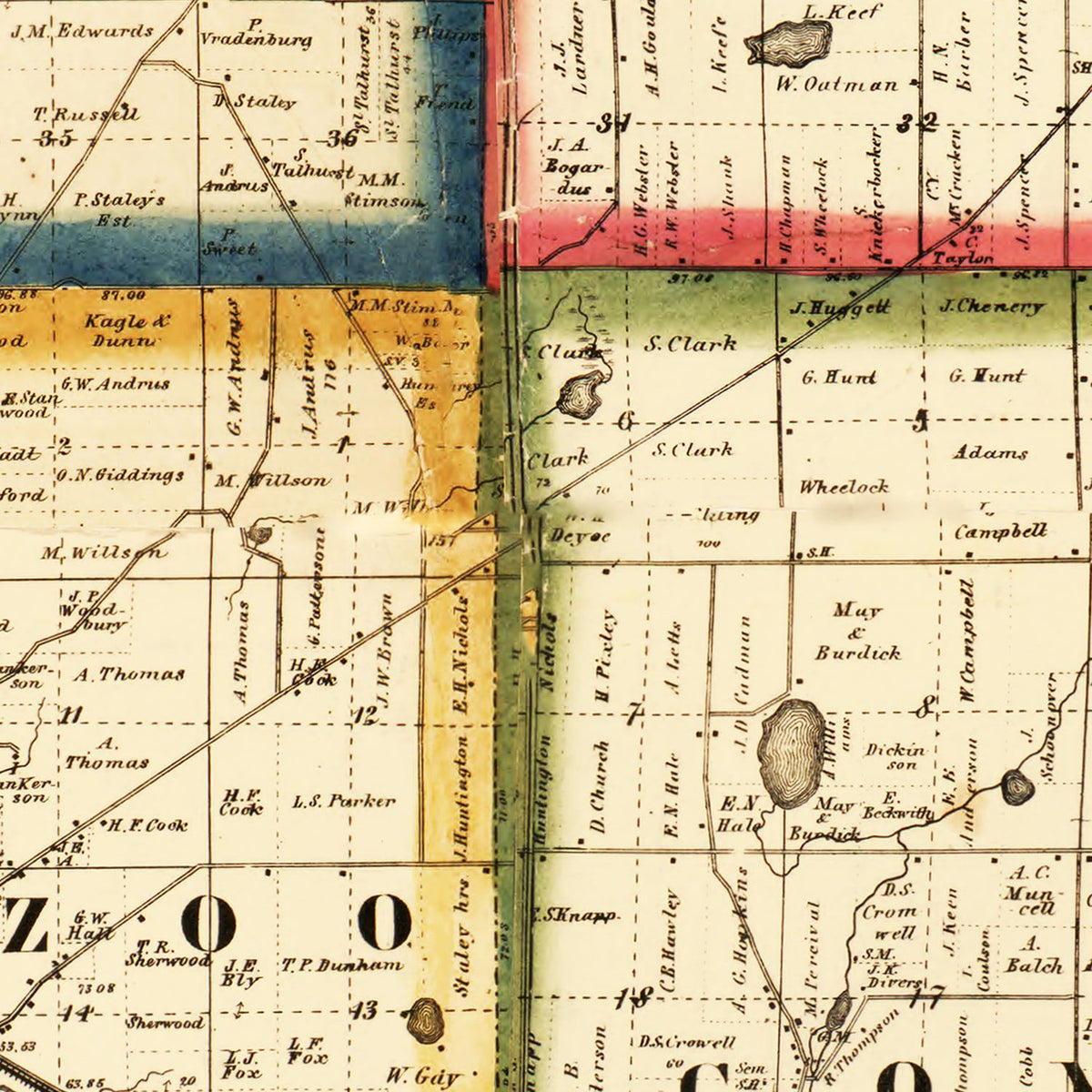 Restored historic details from the 1861 county map of Kalamazoo County, Michigan