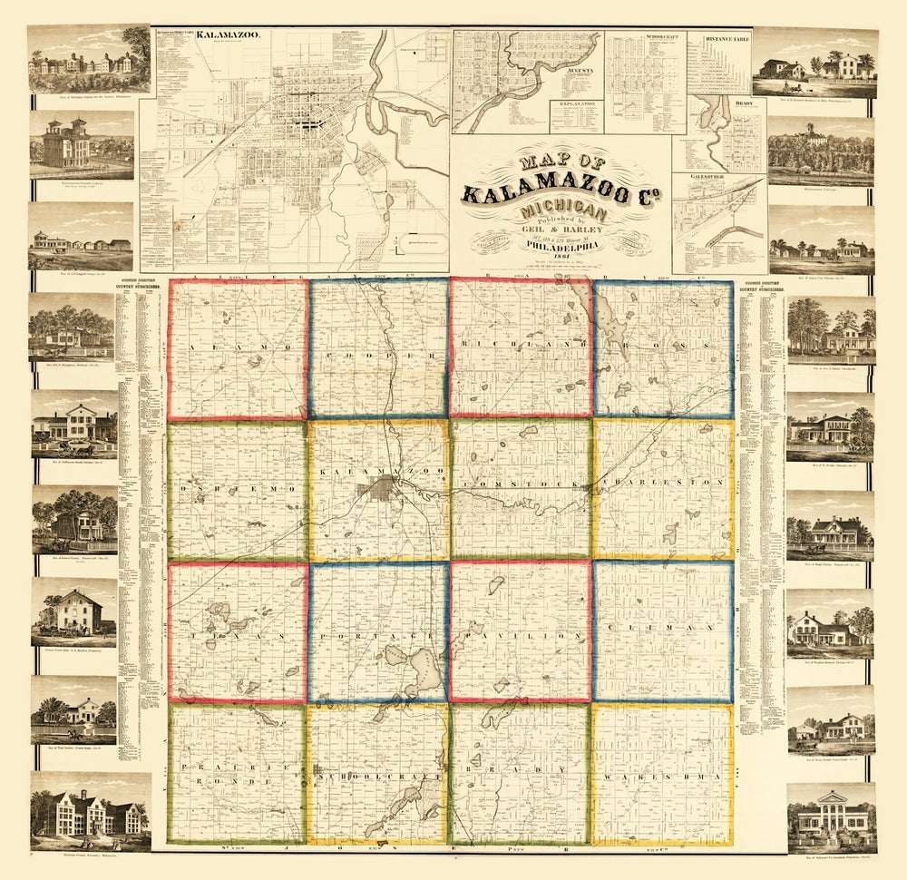 Vintage Map of Kalamazoo County, Michigan 1861 print style example