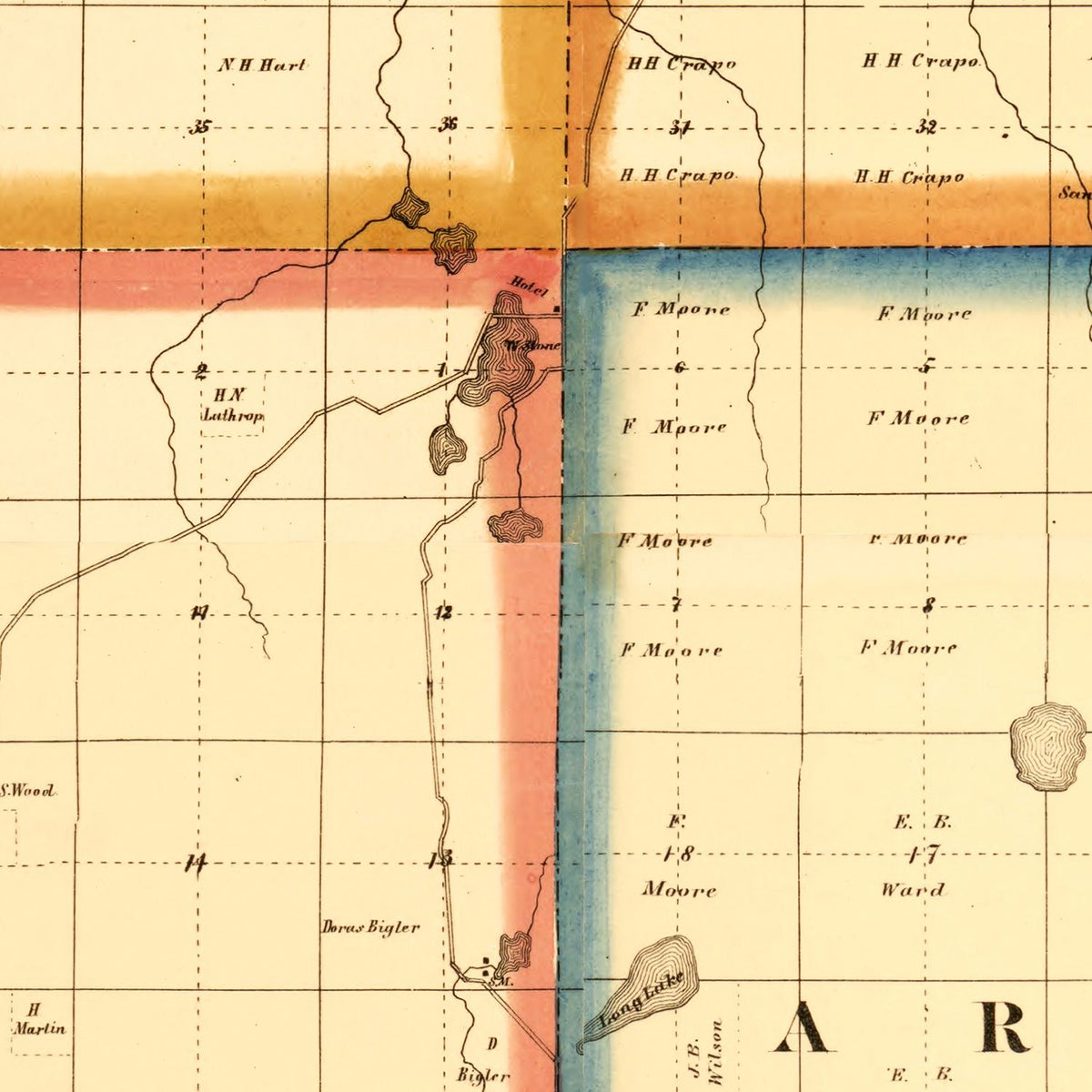 Restored historic details from the 1863 county map of Lapeer County, Michigan