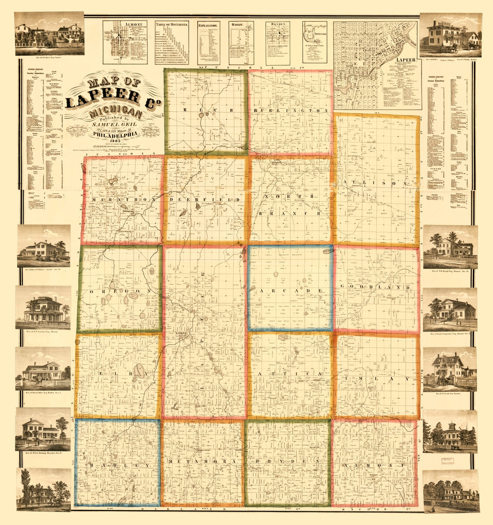 Vintage Map of Lapeer County, Michigan 1863 print style example