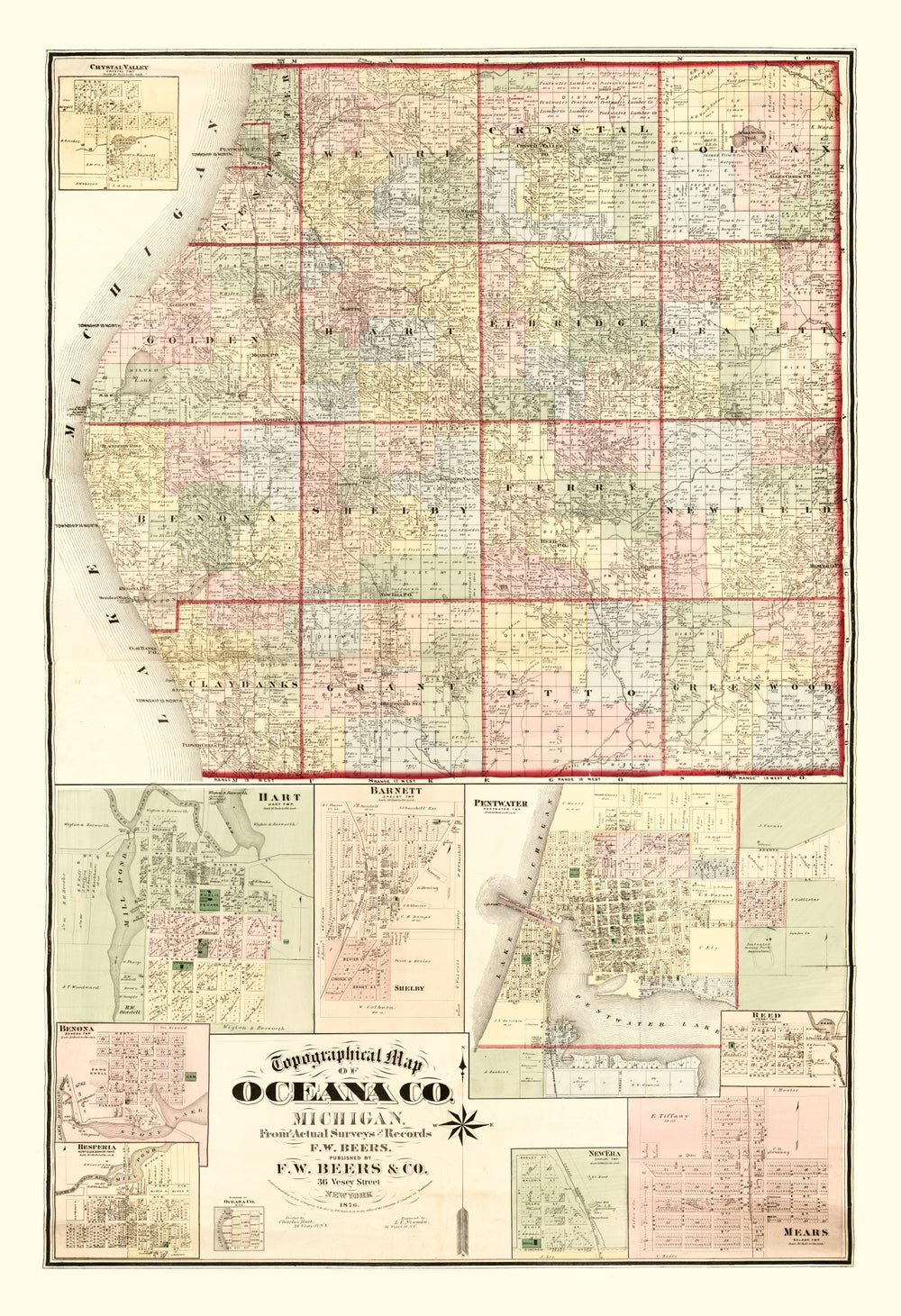 Vintage Map of Oceana County, Michigan 1876 print style example