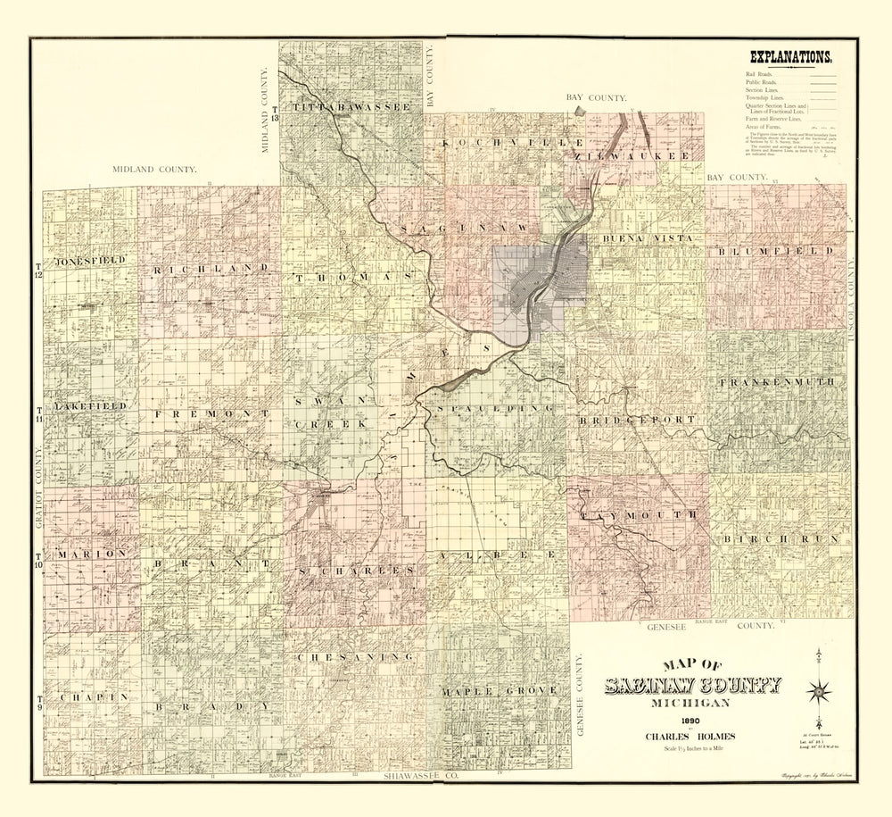 Vintage Map of Saginaw County, Michigan 1890 print style example