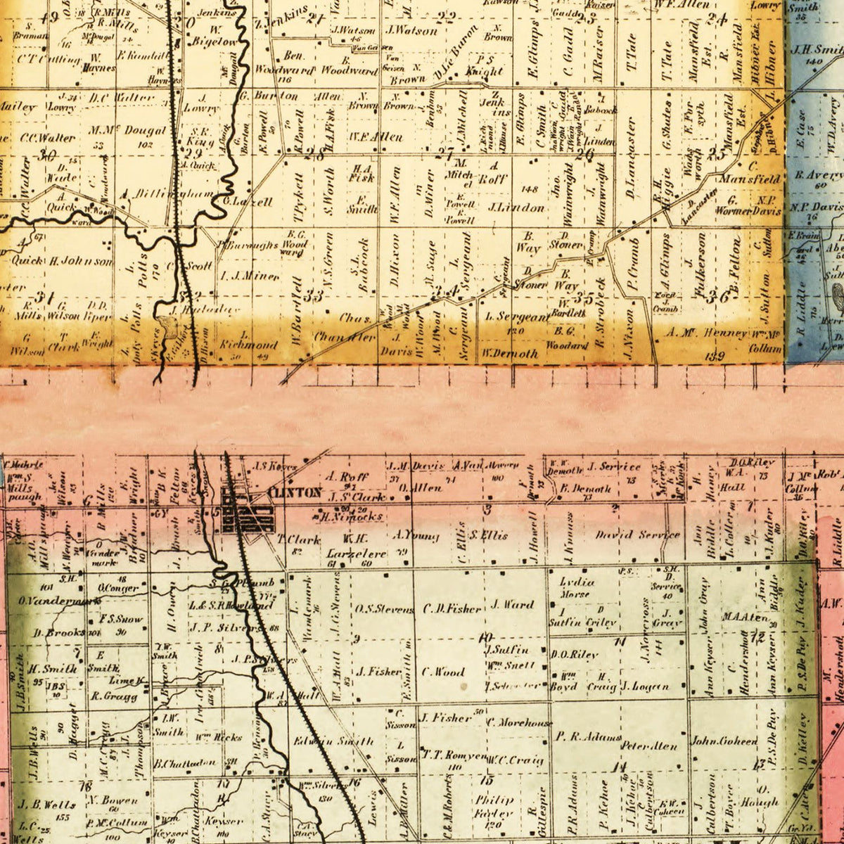 Restored historic details from the 1864 county map of Lenawee County, Michigan