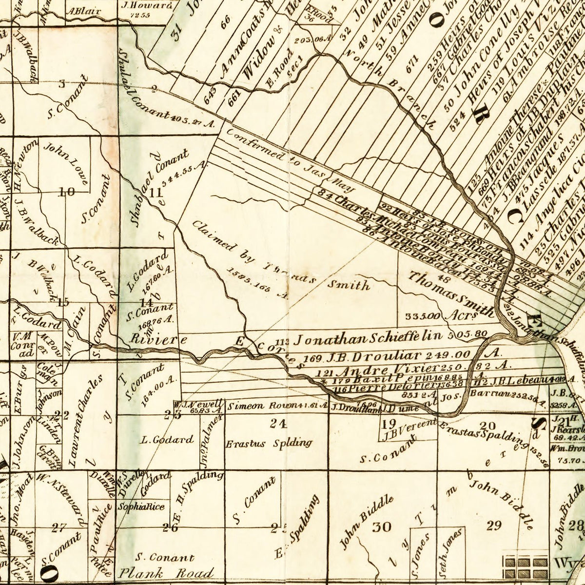 Restored historic details from the 1855 county map of Wayne County, Michigan