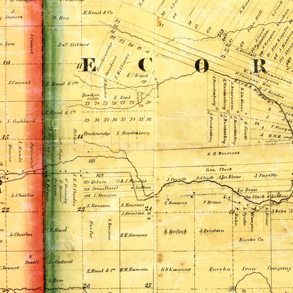 Restored historic details from the 1860 county map of Wayne County, Michigan