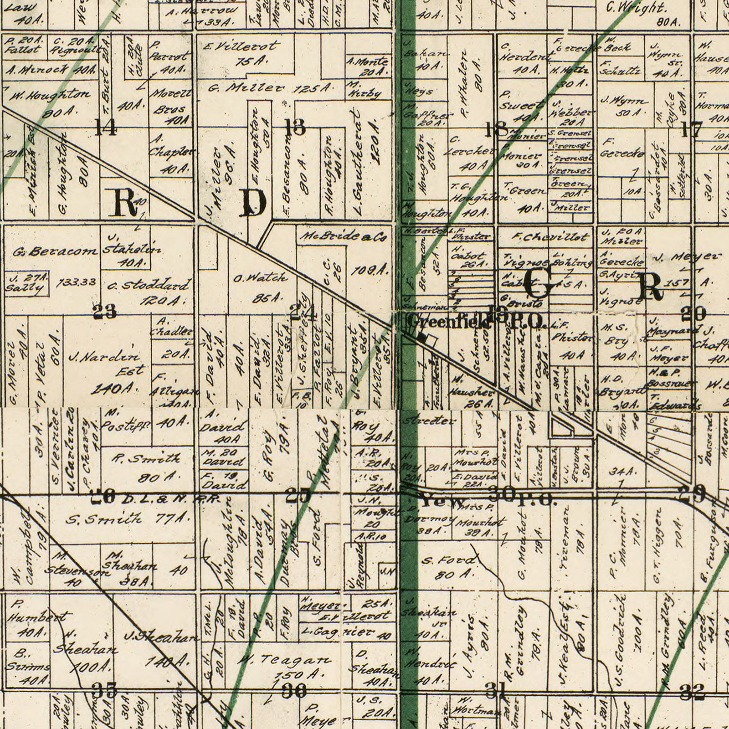 Restored historic details from the 1894 county map of Wayne County, Michigan