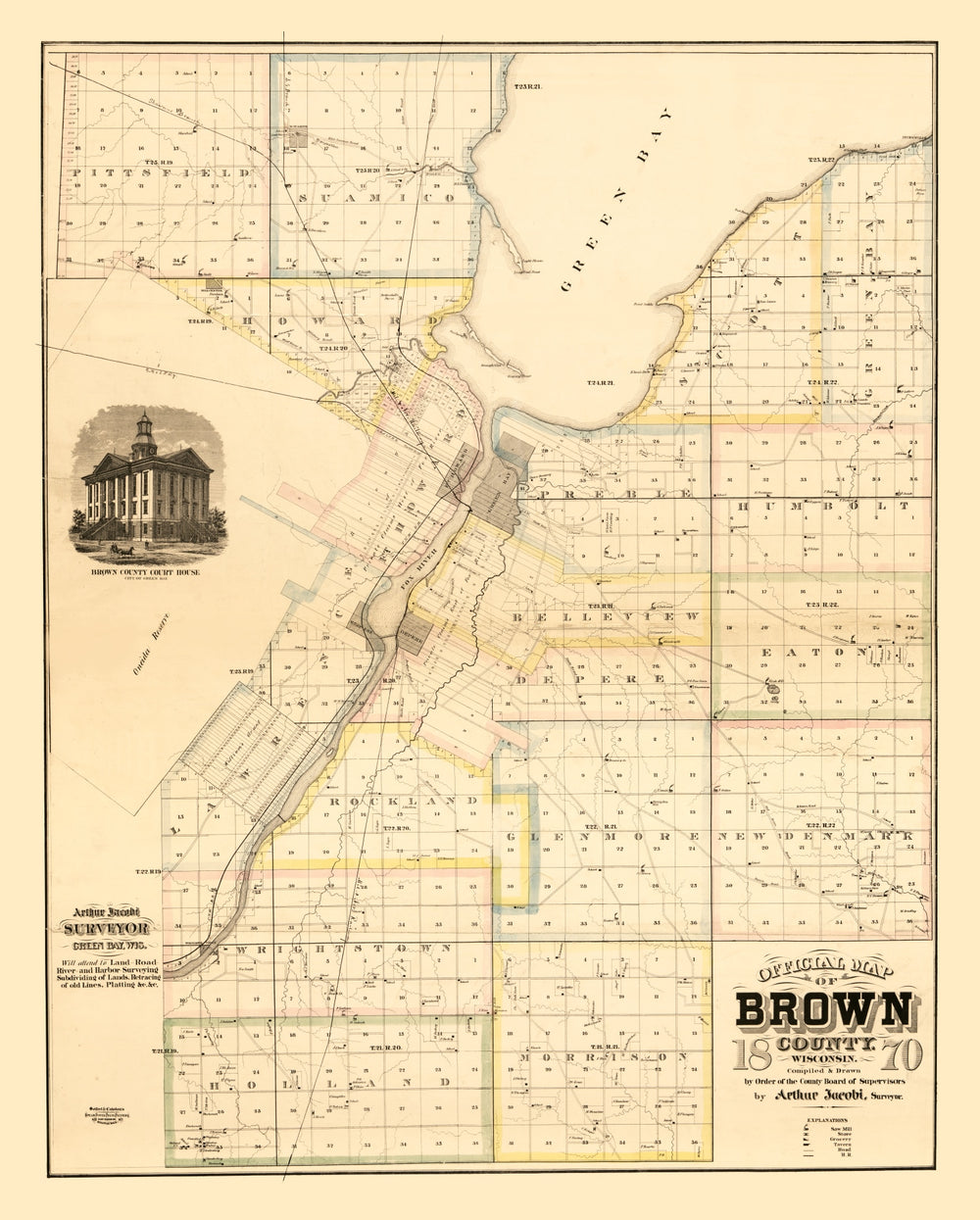 Vintage Map of Brown County, Wisconsin 1870 print style example