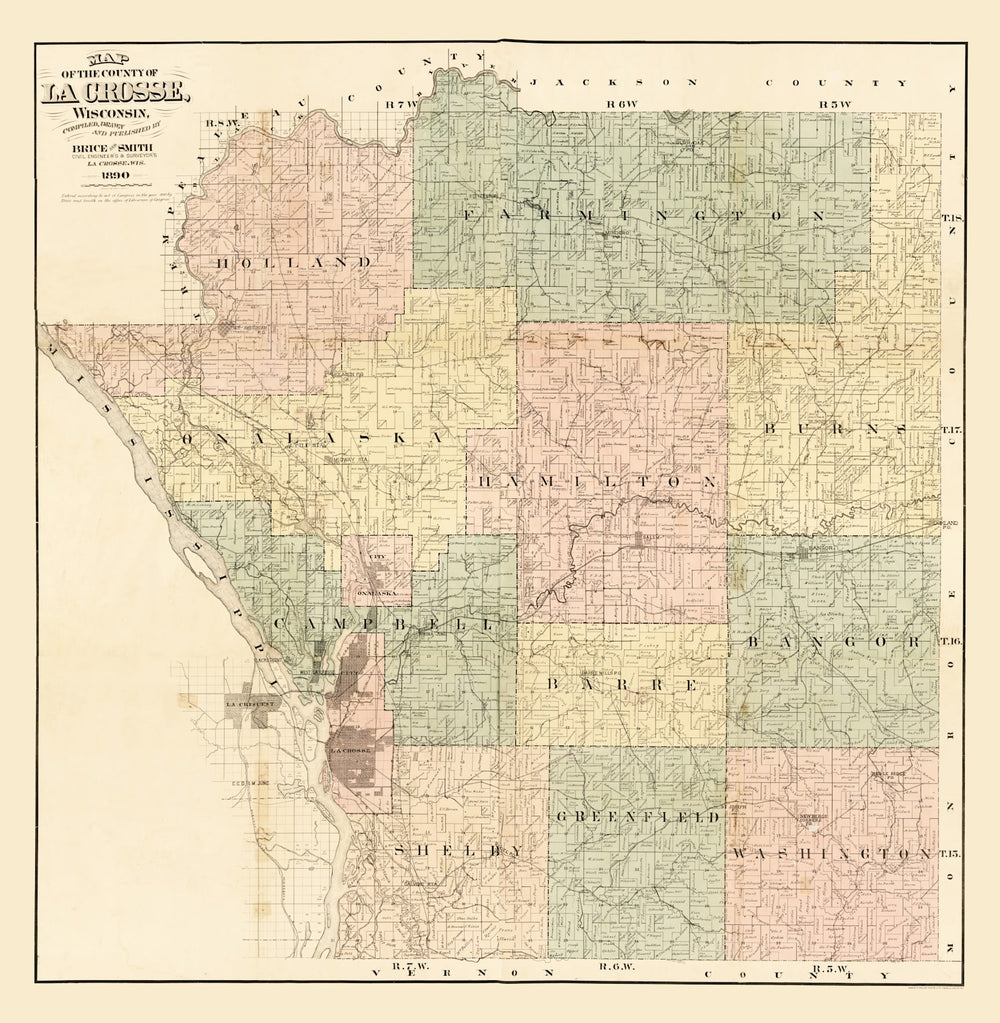 Vintage Map of La Crosse County, Wisconsin 1890 print style example