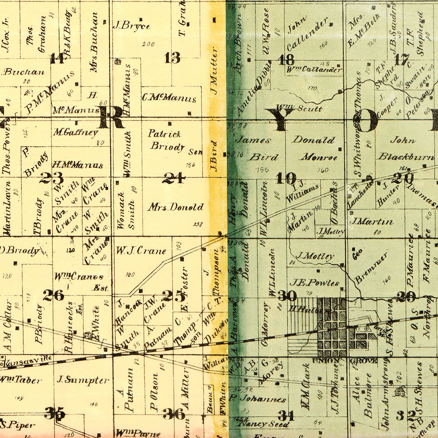 Restored historic details from the 1873 county map of Kenosha County, Wisconsin
