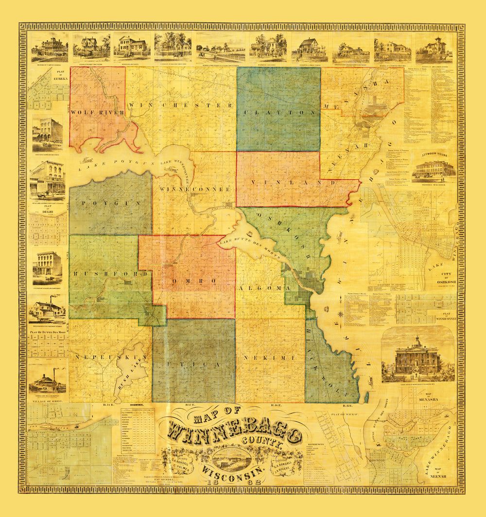 Vintage Map of Winnebago County, Wisconsin 1862 print style example