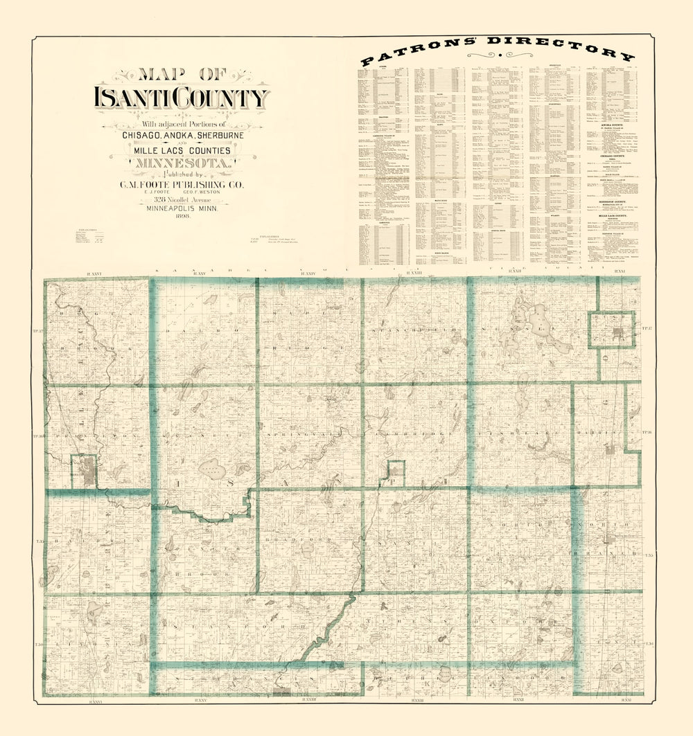 Vintage Map of Isanti County, Minnesota 1898 print style example