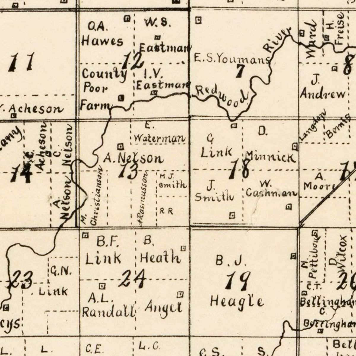 Restored historic details from the 1884 county map of Lyon County, Minnesota