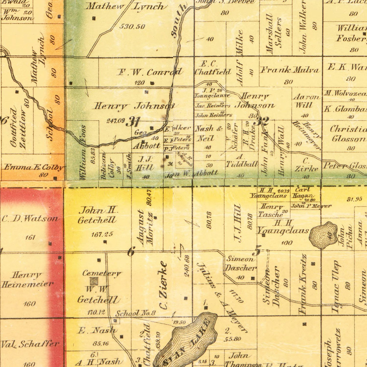 Restored historic details from the 1880 county map of McLeod County, Minnesota