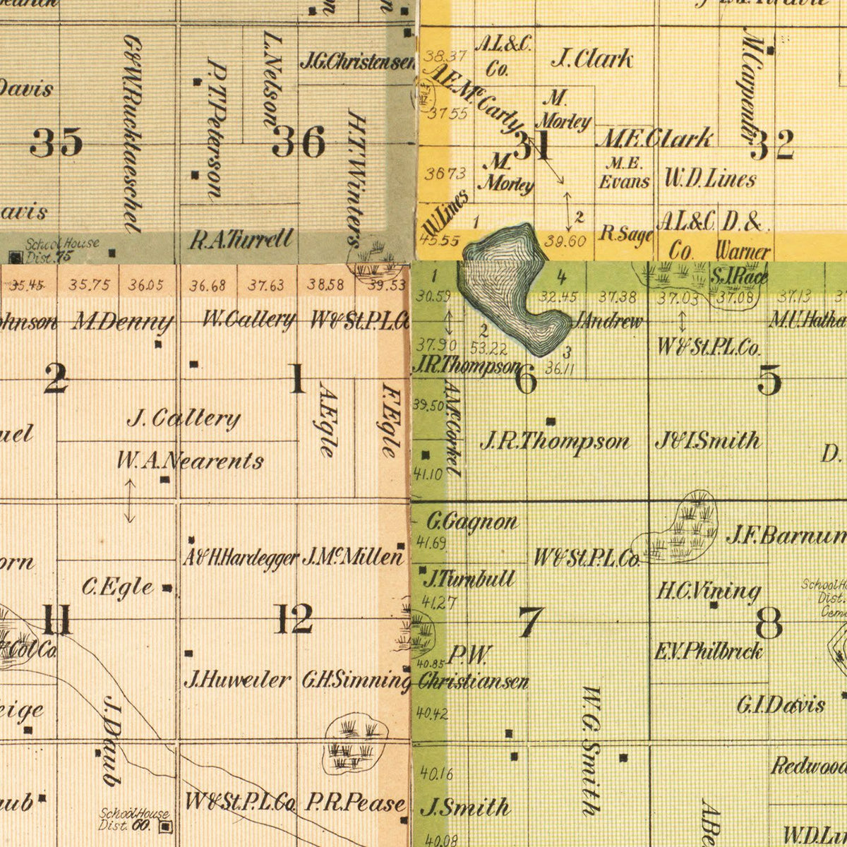 Restored historic details from the 1898 county map of Redwood County, Minnesota