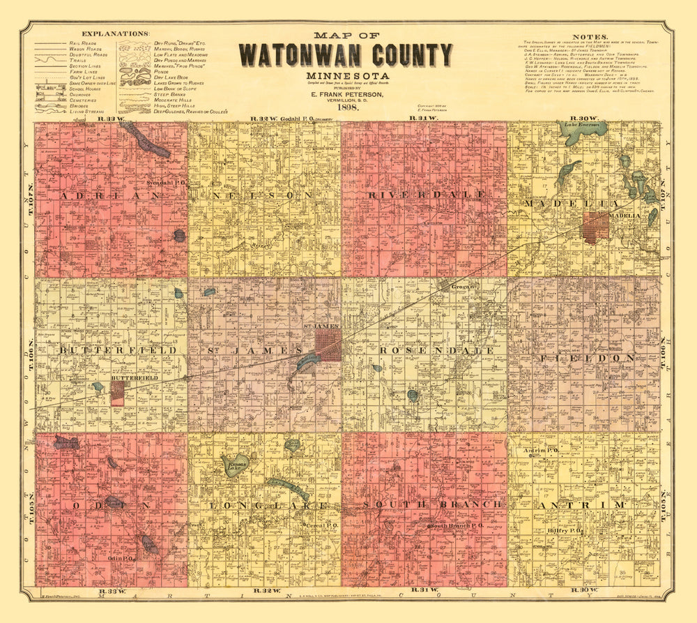 Vintage Map of Watonwan County, Minnesota 1898 print style example