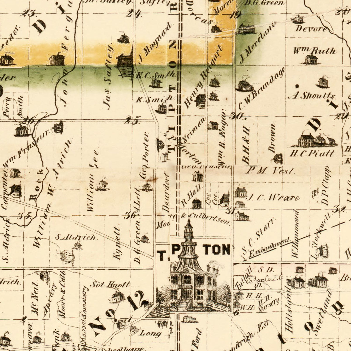 Restored historic details from the 1863 county map of Cedar County, Iowa