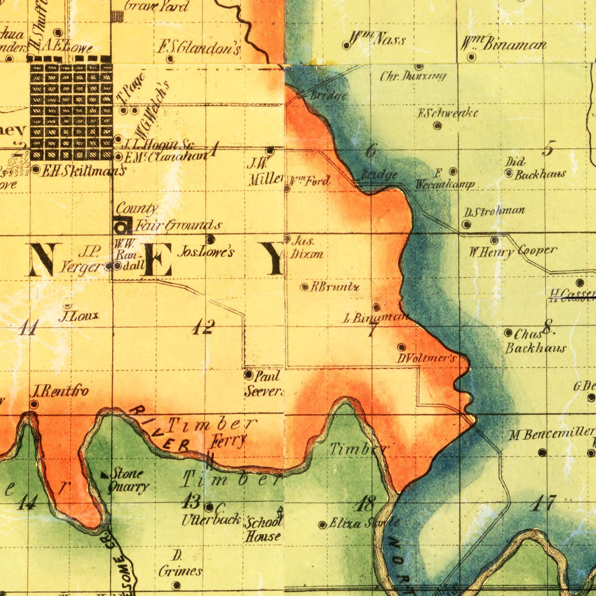 Restored historic details from the 1861 county map of Keokuk County, Iowa