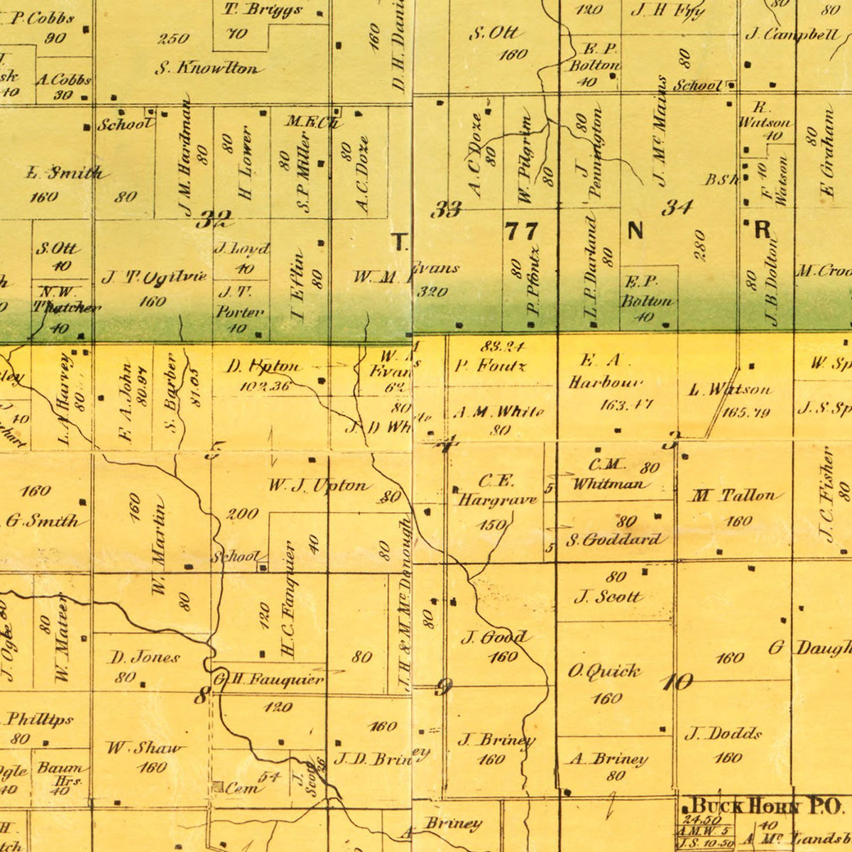 Restored historic details from the 1871 county map of Mahaska County, Iowa
