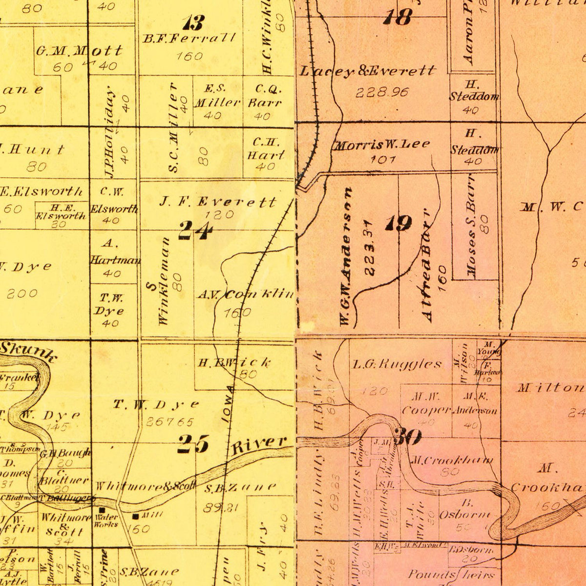 Restored historic details from the 1884 county map of Mahaska County, Iowa