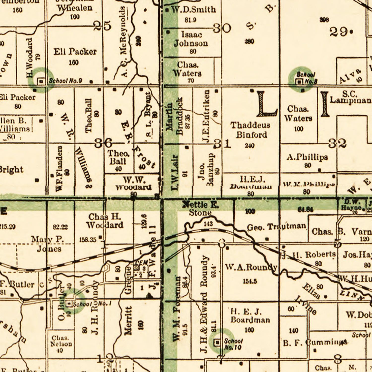 Restored historic details from the 1896 county map of Marshall County, Iowa