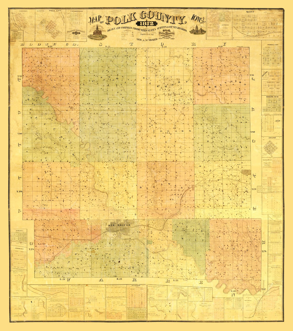 Vintage Map of Polk County, Iowa 1872 print style example