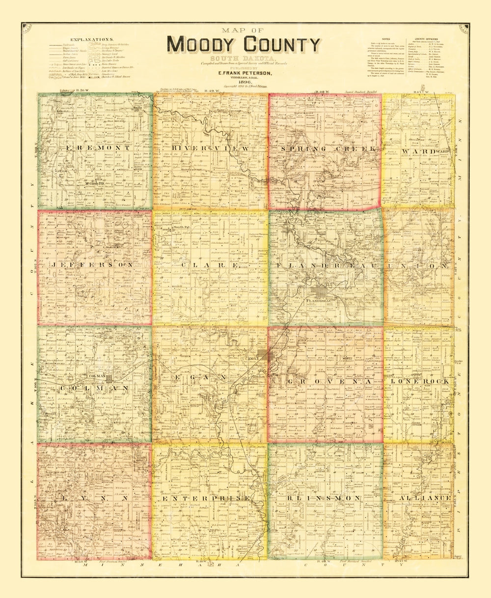 Vintage Map of Moody County, South Dakota 1896 print style example