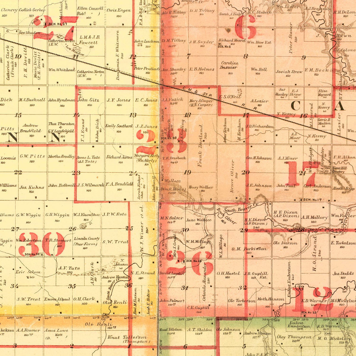Restored historic details from the 1892 county map of Lincoln County, South Dakota