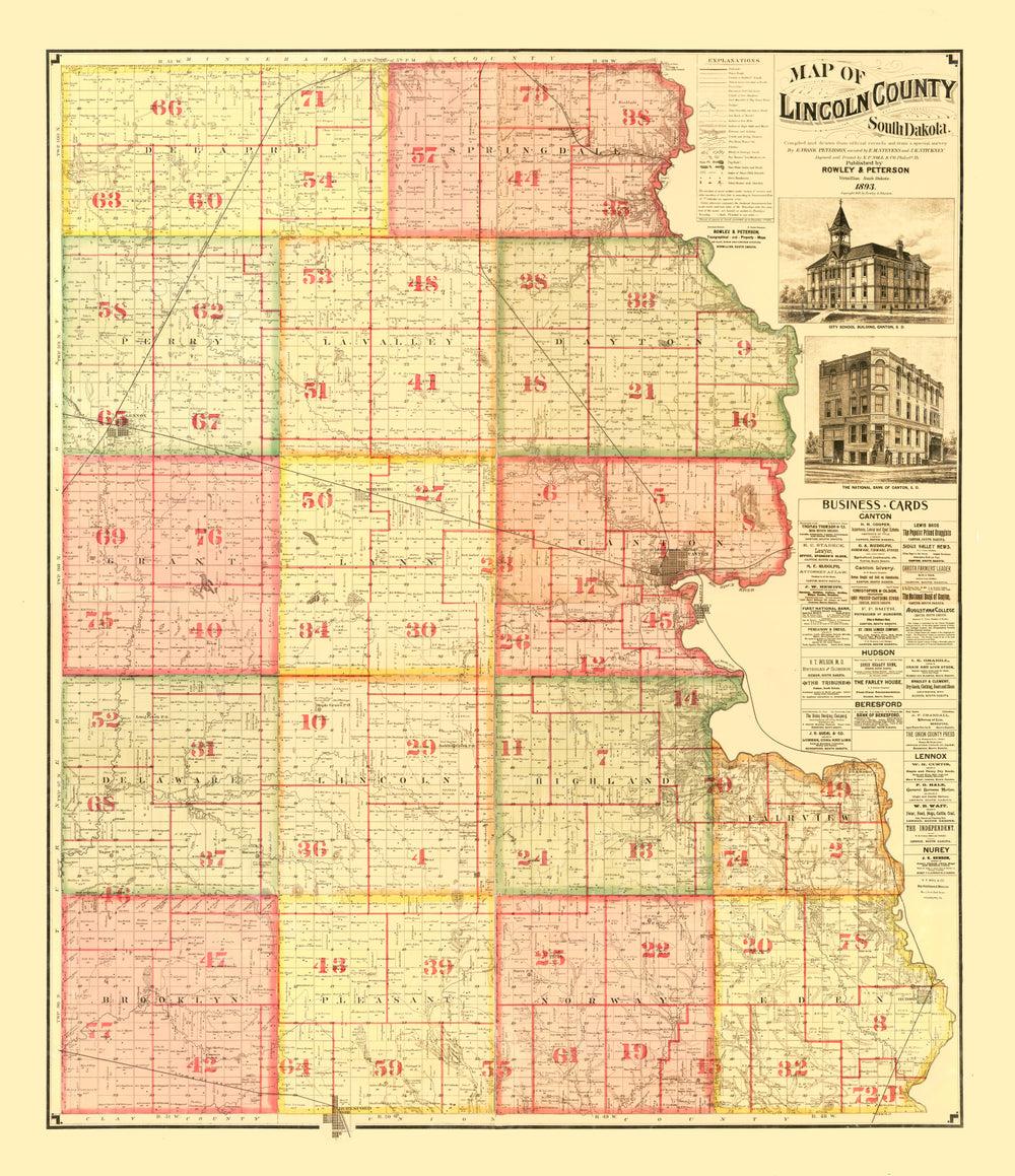 Vintage Map of Lincoln County, South Dakota 1892 print style example