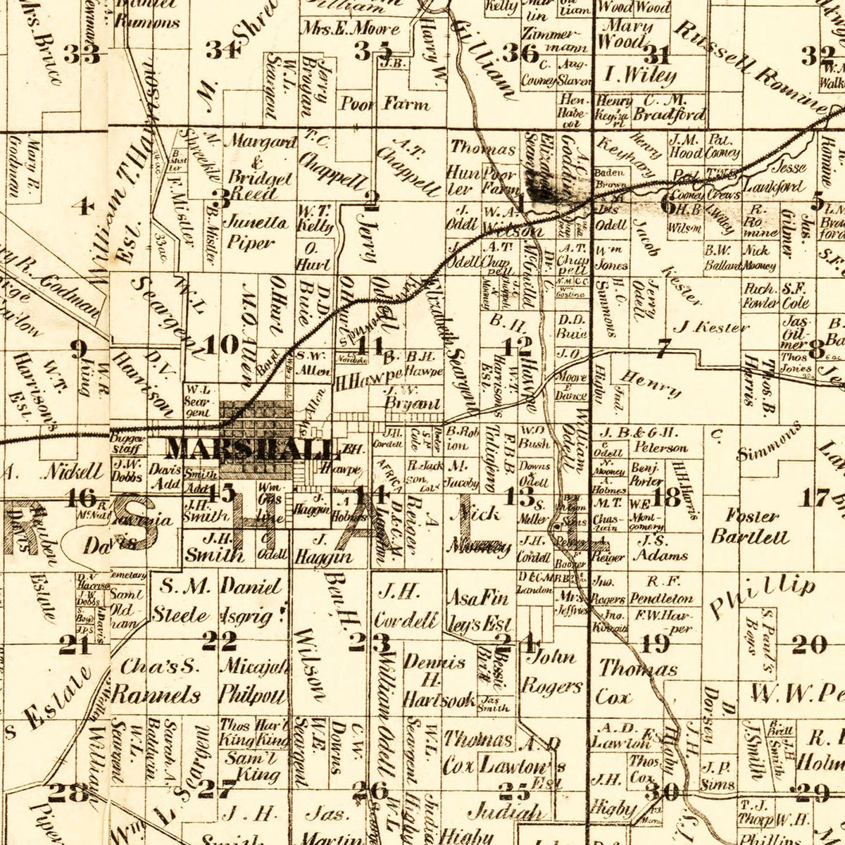 Restored historic details from the 1871 county map of Saline County, Missouri