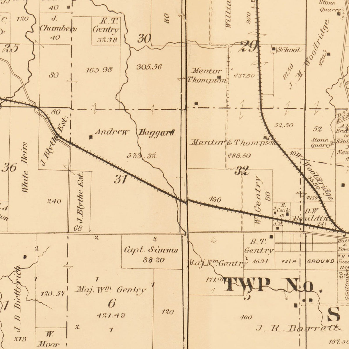 Restored historic details from the 1867 county map of Pettis County, Missouri